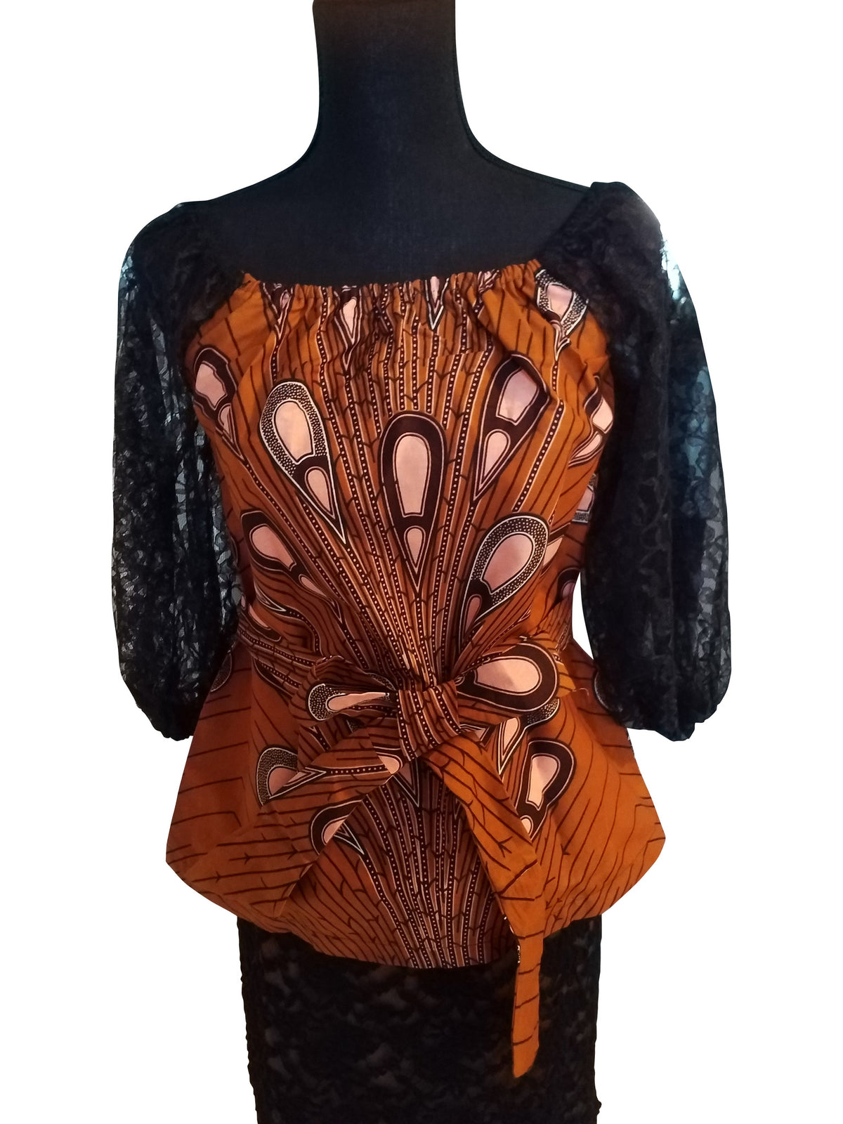 Belted Ankara Caramel Multi Top with lace sleeves - ENUBEE