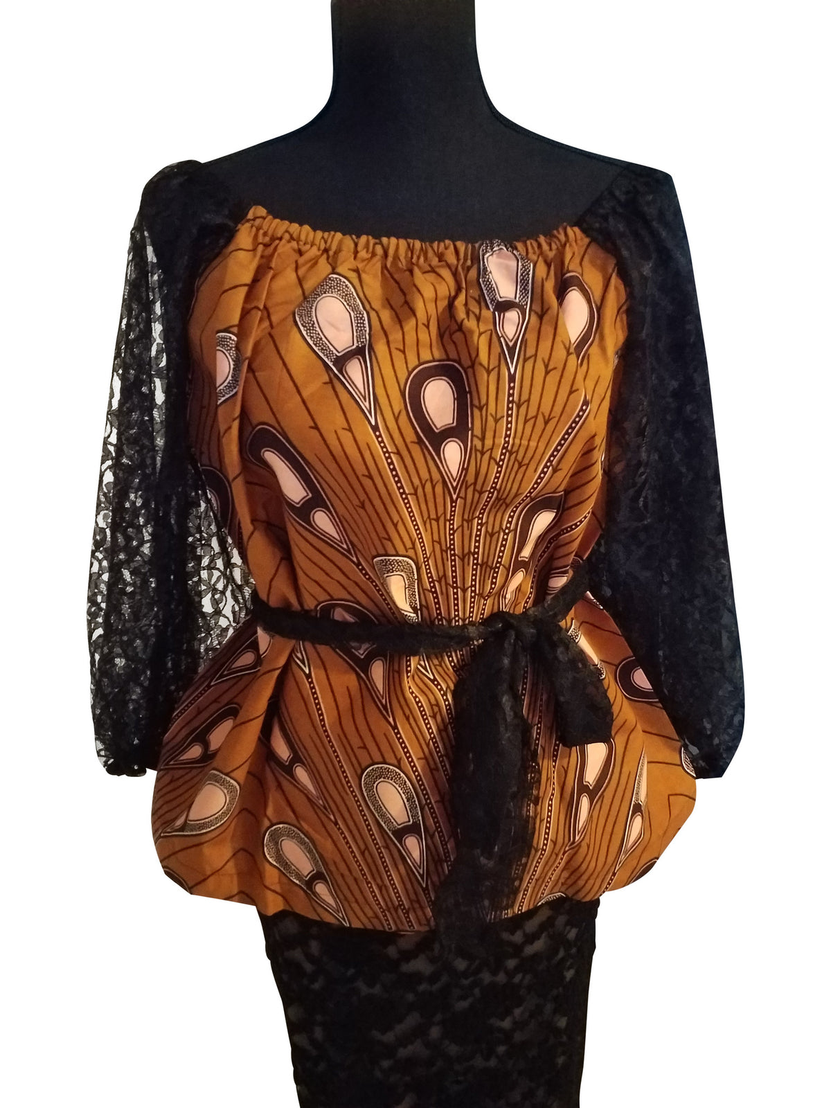 Belted Ankara Caramel Multi Top with lace sleeves - ENUBEE