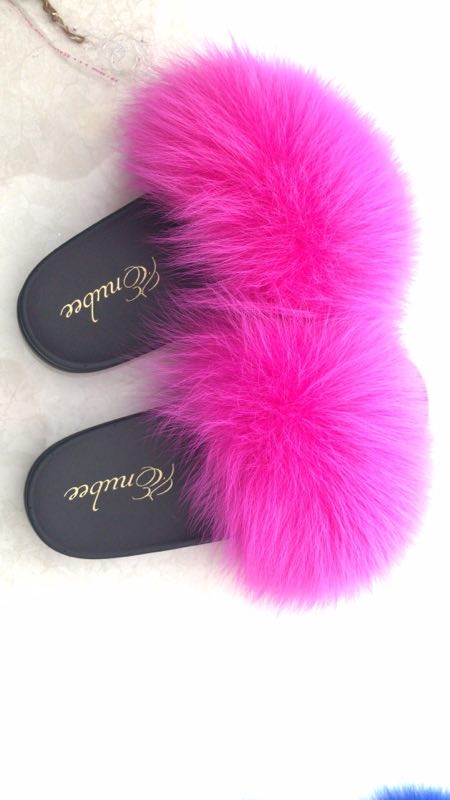 Pink & Green Fox Fur Slippers