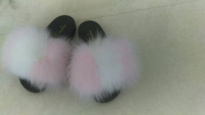 100% Fox Fur Slippers 2 Tone Color Pink/White