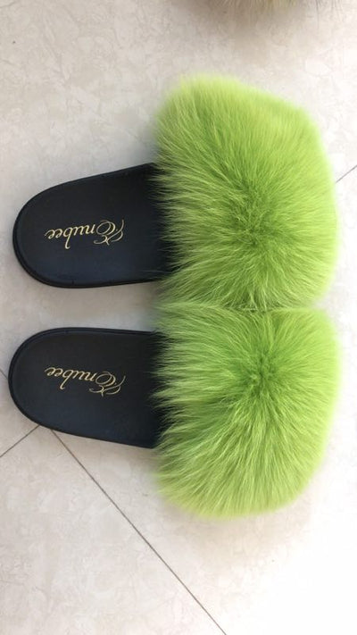 100% Fox Fur Slippers Green