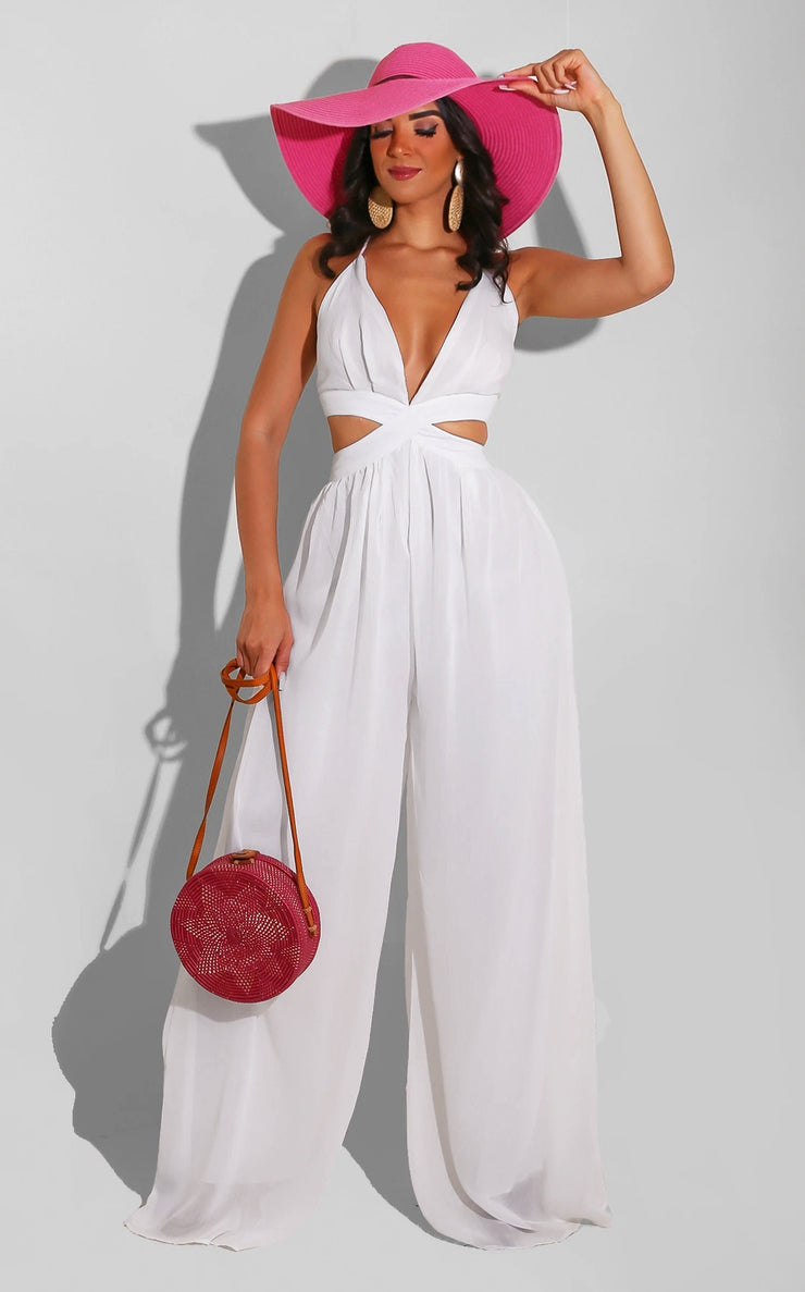 Women Solid Color Cutout and Loose Casual look Chiffon Jumpsuit
