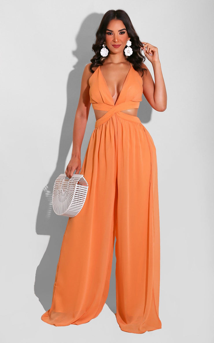 Women Solid Color Cutout and Loose Casual look Chiffon Jumpsuit