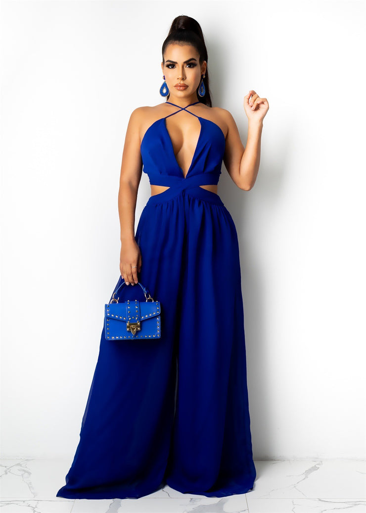 Women Solid Color Cutout and Loose Casual look Chiffon Jumpsuit