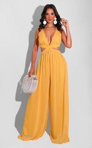 Women Solid Color Cutout and Loose Casual look Chiffon Jumpsuit