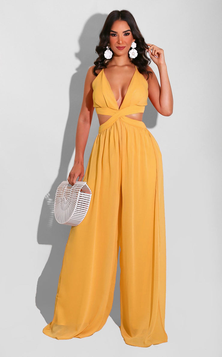 Women Solid Color Cutout and Loose Casual look Chiffon Jumpsuit
