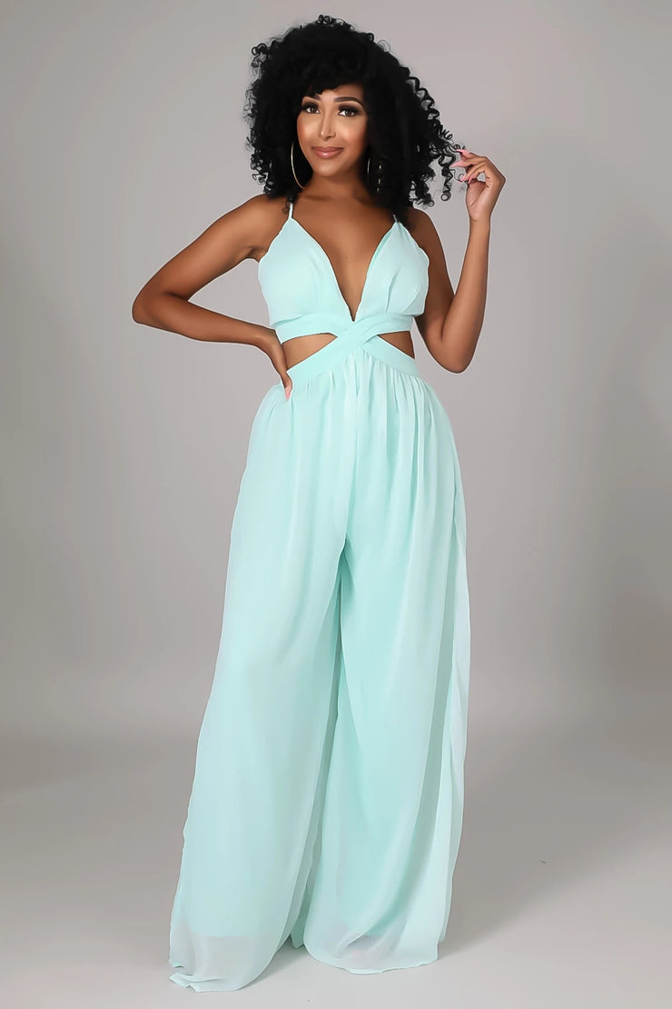 Women Solid Color Cutout and Loose Casual look Chiffon Jumpsuit