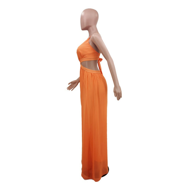 Women Solid Color Cutout and Loose Casual look Chiffon Jumpsuit