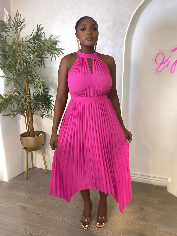 Classy Sleeveless Asymmetric Pleated Halter Dress for Women