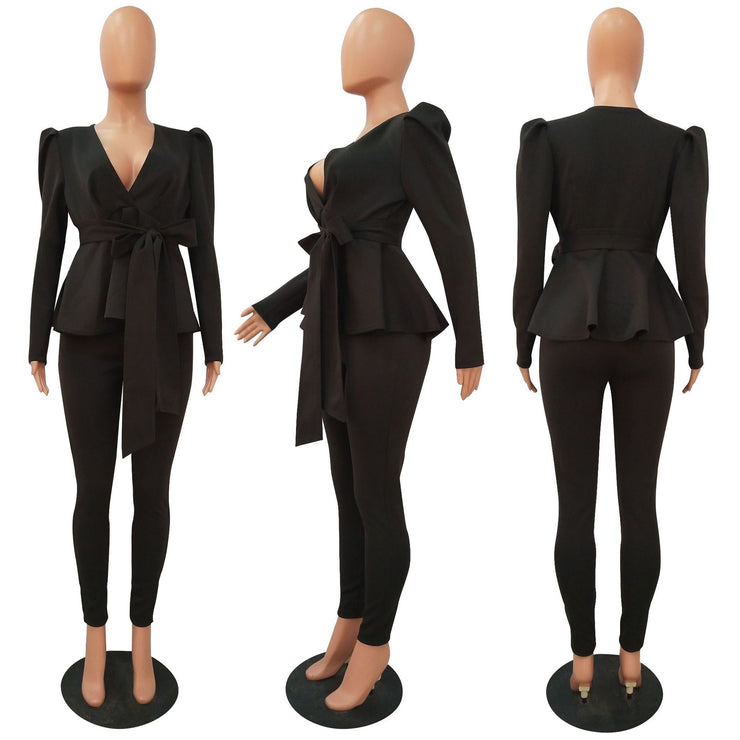 Sexy Women Two-piece Pant set with front Bowtie