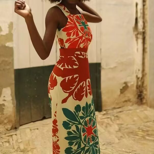 Women Maxi Geometric Pattern Dress with Cross open Back