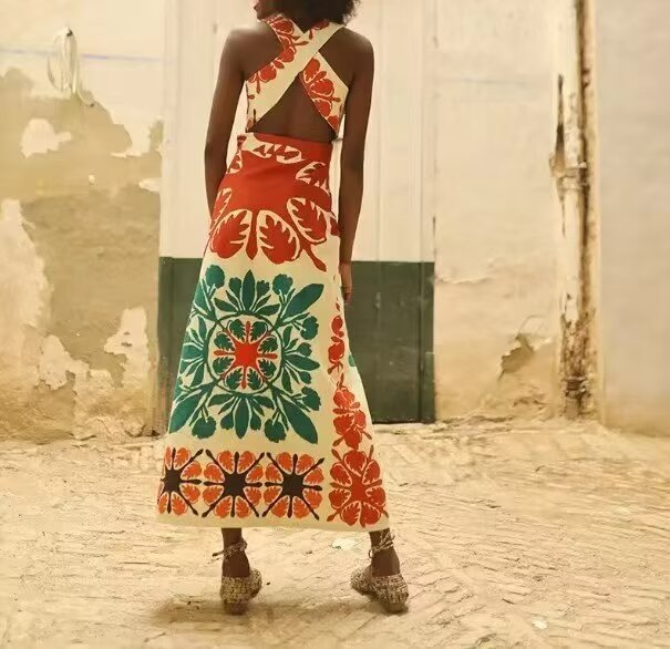 Women Maxi Geometric Pattern Dress with Cross open Back