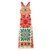 Women Maxi Geometric Pattern Dress with Cross open Back