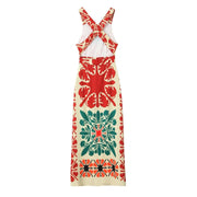 Women Maxi Geometric Pattern Dress with Cross open Back