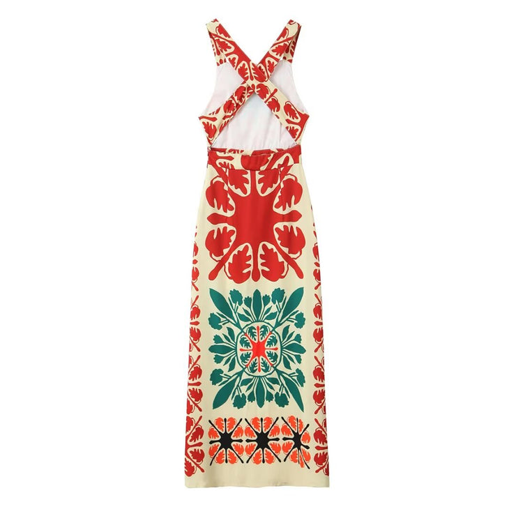 Women Maxi Geometric Pattern Dress with Cross open Back