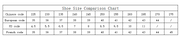 Shoe size comparison chart with Chinese, European, US, and French size conversions.
