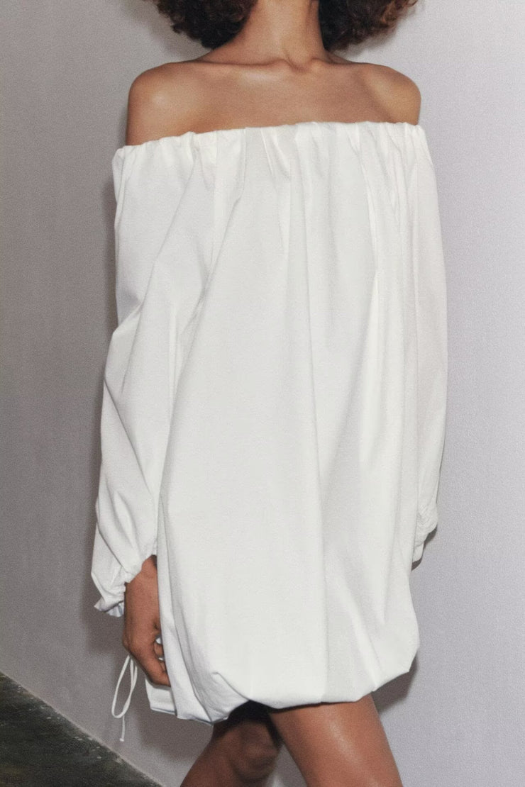 Mini Balloon White Fluffy Off Shoulder dress with open back
