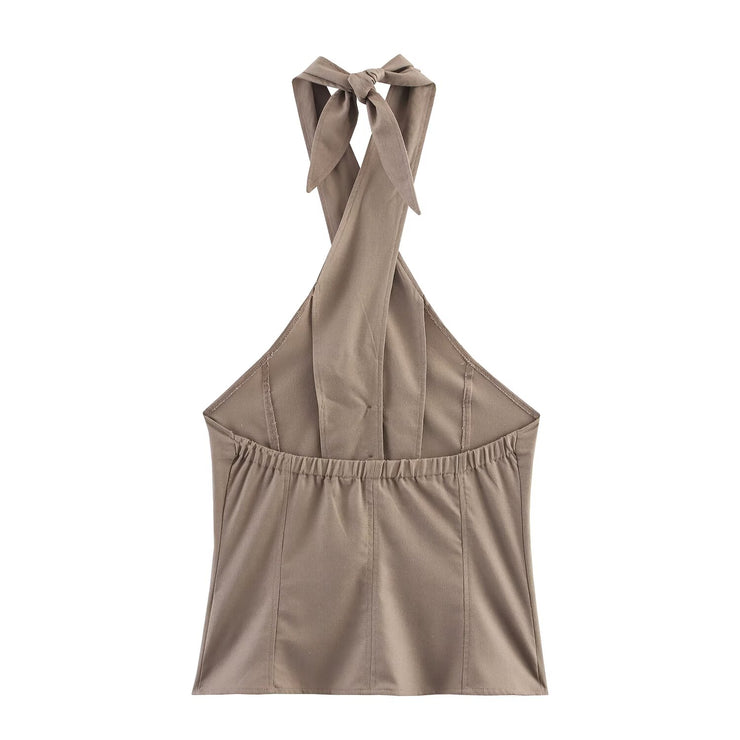 Ladies Linen Twisted Collar Vest Top and Skirt Set