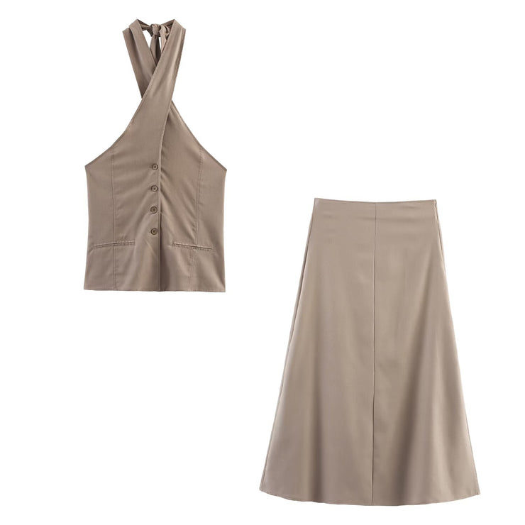Ladies Linen Twisted Collar Vest Top and Skirt Set