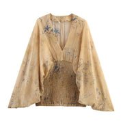 Women Bohemian Retro Print Smocked Waist Top