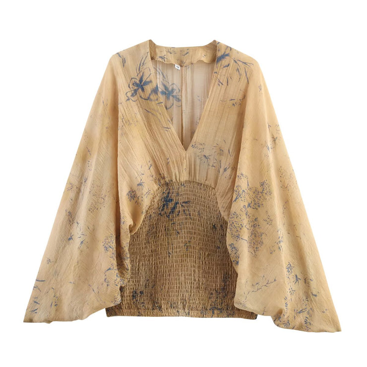 Women Bohemian Retro Print Smocked Waist Top