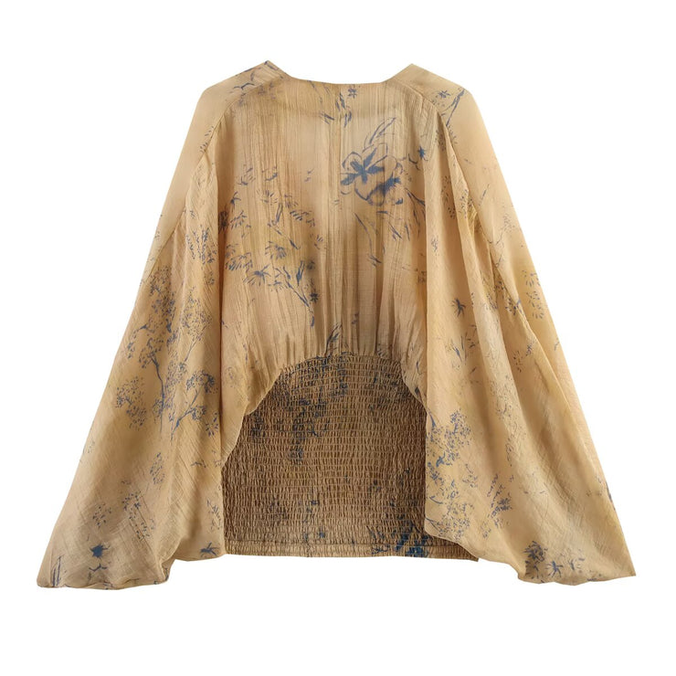 Women Bohemian Retro Print Smocked Waist Top