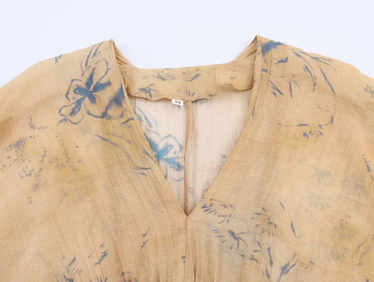 Women Bohemian Retro Print Smocked Waist Top