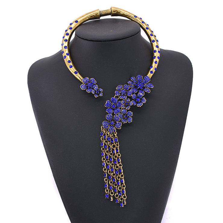 Stylish tassel flower alloy inlay artificial crystal women's necklace