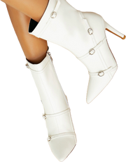 White knee-high boots with pointed toes and metallic accents on a white background