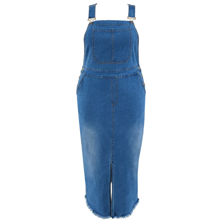 Plus Size Denim Slimming Denim Midi Split Dress with Suspenders
