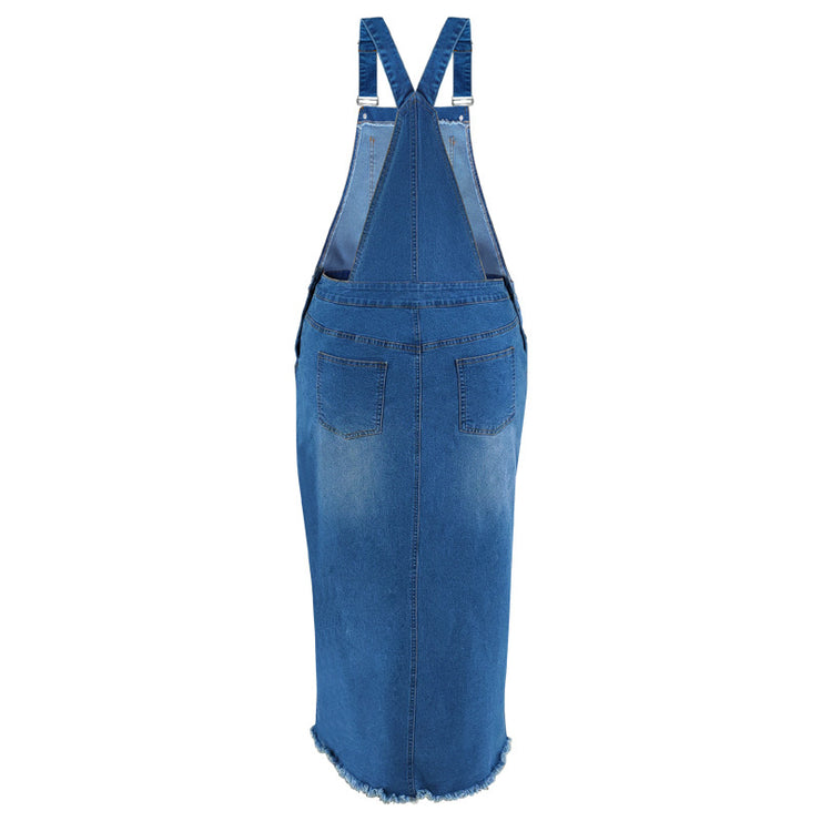 Plus Size Denim Slimming Denim Midi Split Dress with Suspenders