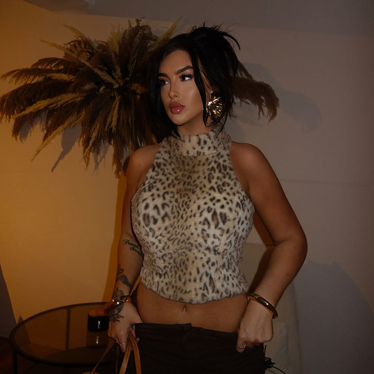 Crop Turtleneck  Leopard Print Furry Sleeveless