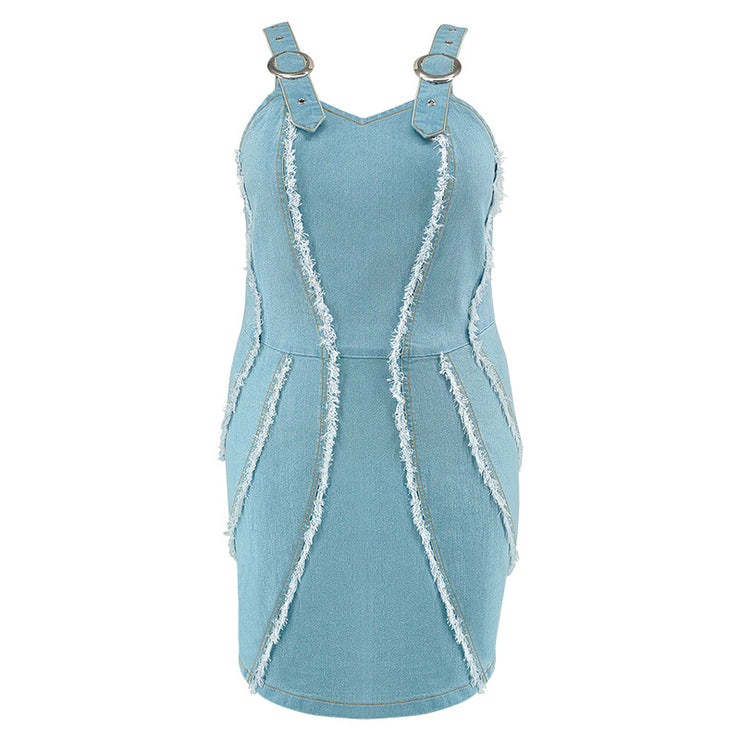 Women Plus Size Short Sleeveless Dress with Gold Buckle Suspender