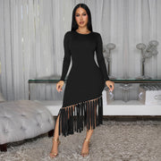 Women Bodycon Slim Fit Solid Color round Neck Asymmetric Tassel Hem Dress