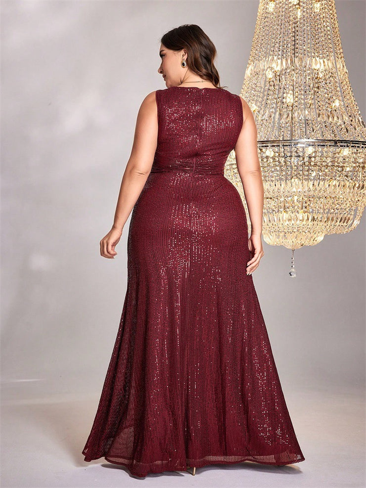 Women Long Sleeve Elegant V neck Cocktail Evening Dress in Plus Size