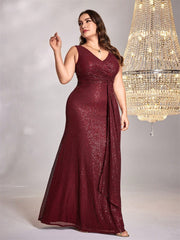 Women Long Sleeve Elegant V neck Cocktail Evening Dress in Plus Size