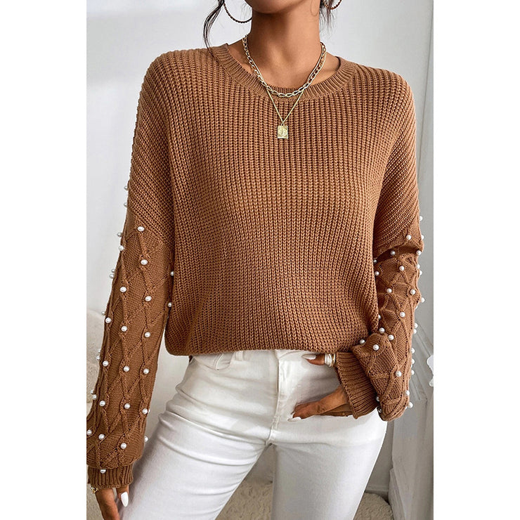 Women Beaded Round Neck Pullover Sweater