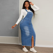 Plus Size Denim Slimming Denim Midi Split Dress with Suspenders