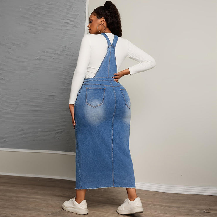Plus Size Denim Slimming Denim Midi Split Dress with Suspenders