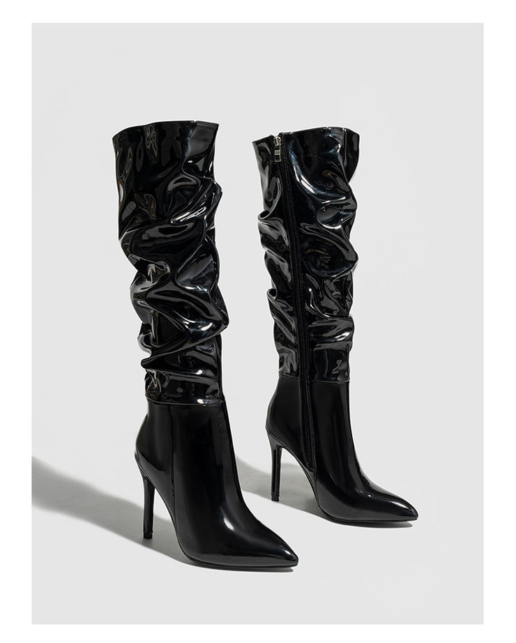Women Sexy High Heel  Stiletto Boots with Zipper Patent Leather Glossy High Leg Boots