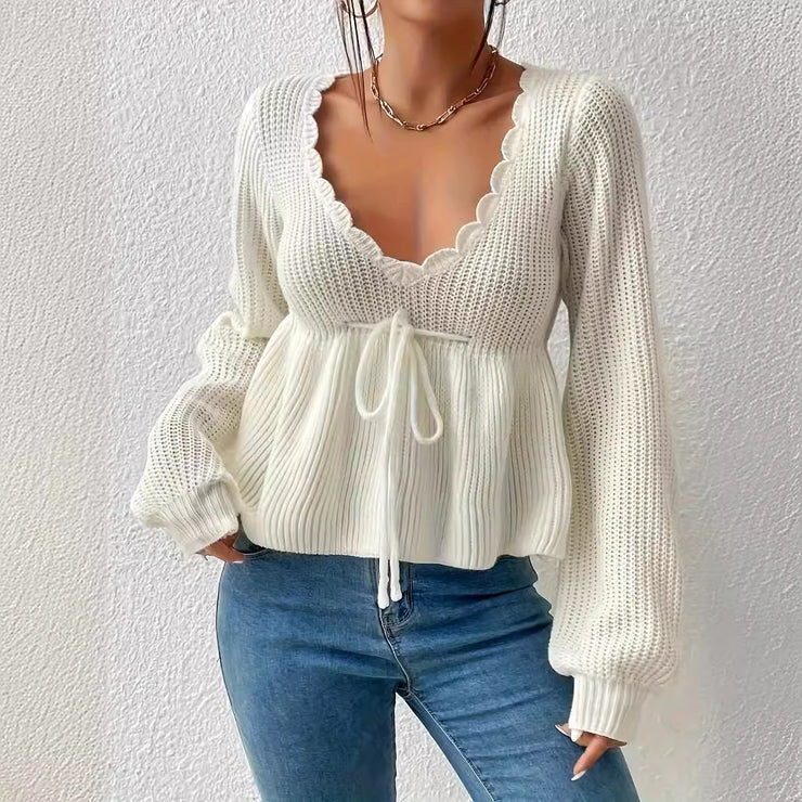 Autumn Winter Sexy Large V neck Pullover Knitted Sweater