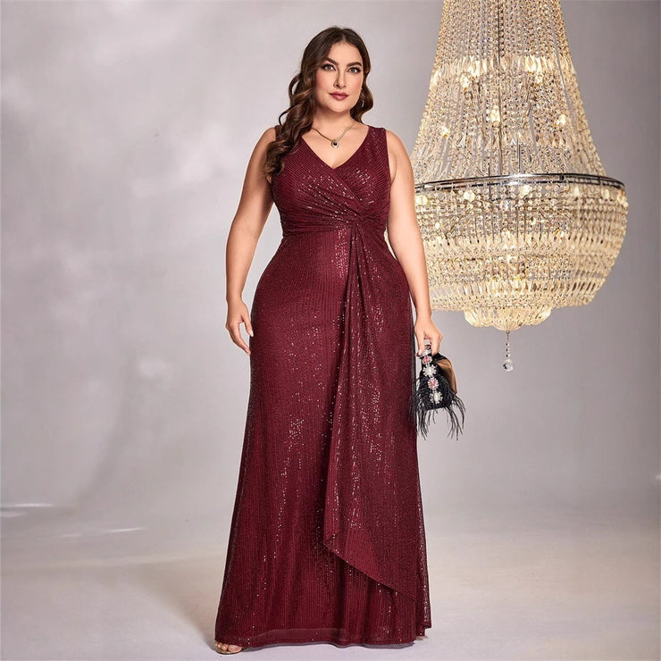 Women Long Sleeve Elegant V neck Cocktail Evening Dress in Plus Size