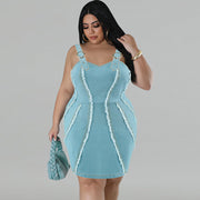 Women Plus Size Short Sleeveless Dress with Gold Buckle Suspender