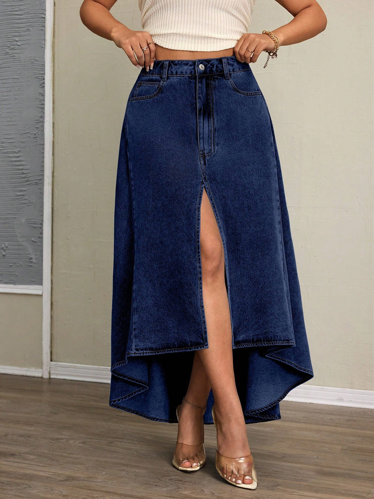 Women Irregular Asymmetric Elegant Split Denim Skirt