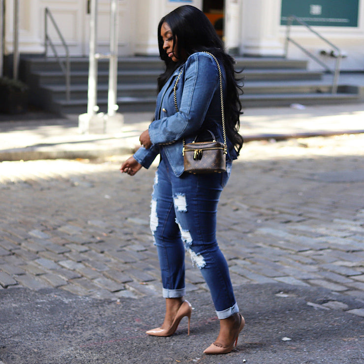 Shoulder Pad Slim fit  Double Breasted Denim Button Blazer