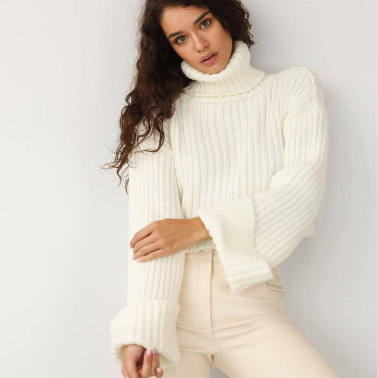 Women Crop Ribbed Turtleneck Sweater