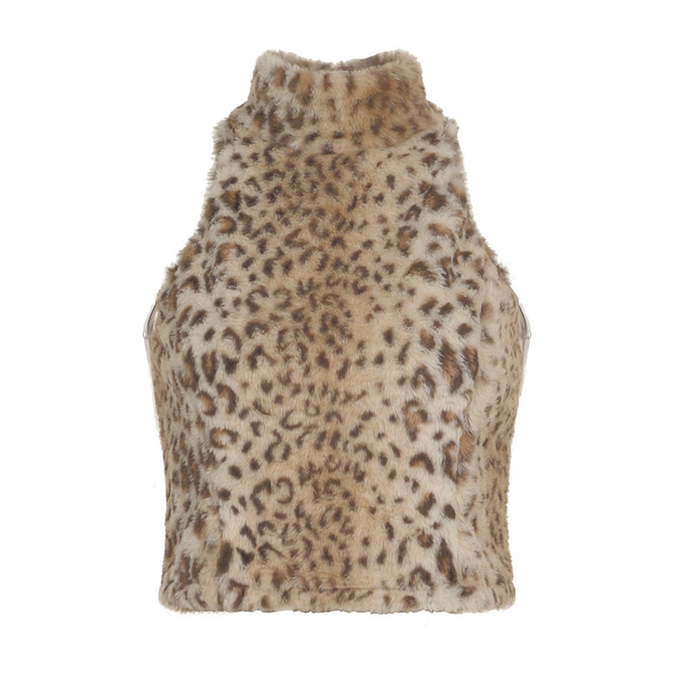 Crop Turtleneck  Leopard Print Furry Sleeveless