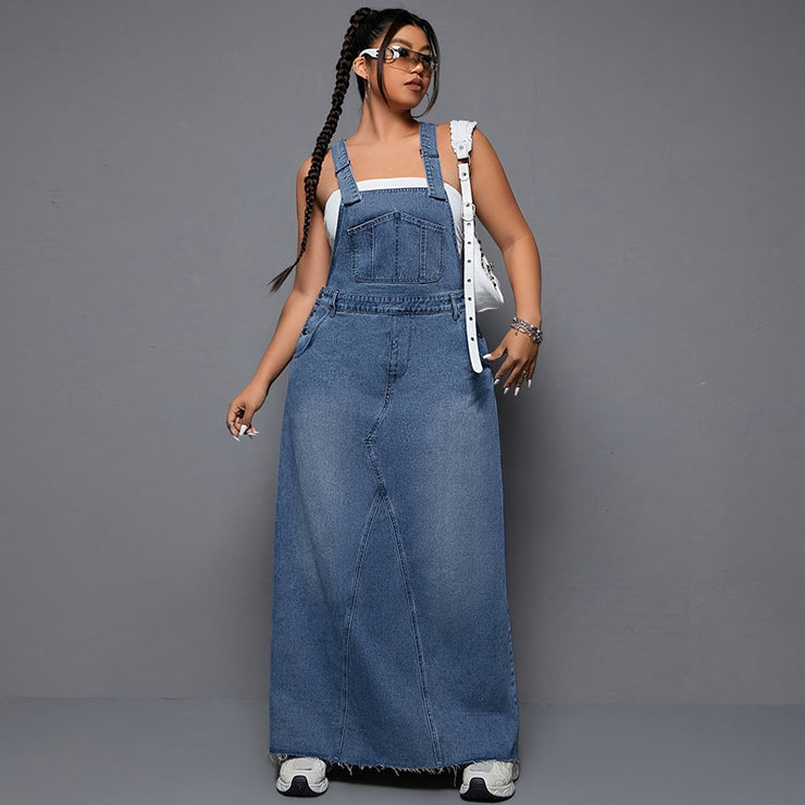 Plus Size Women Trendy Denim Dress with Suspenders