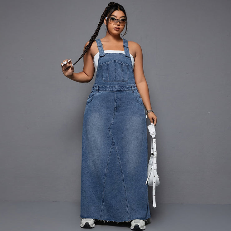 Plus Size Women Trendy Denim Dress with Suspenders