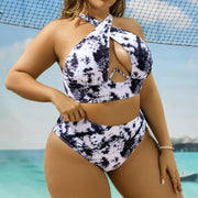 Plus Size Cross Collar Random Printed Sexy Bikini Set